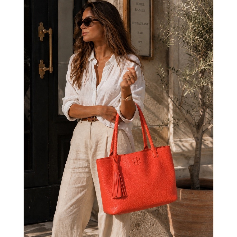 Tory Burch Taylor Tote Bag Coral Red Pebbled Leather Purse Tassel Dust Bag